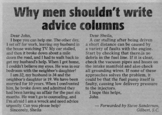 Why men shouldn't write advice columns